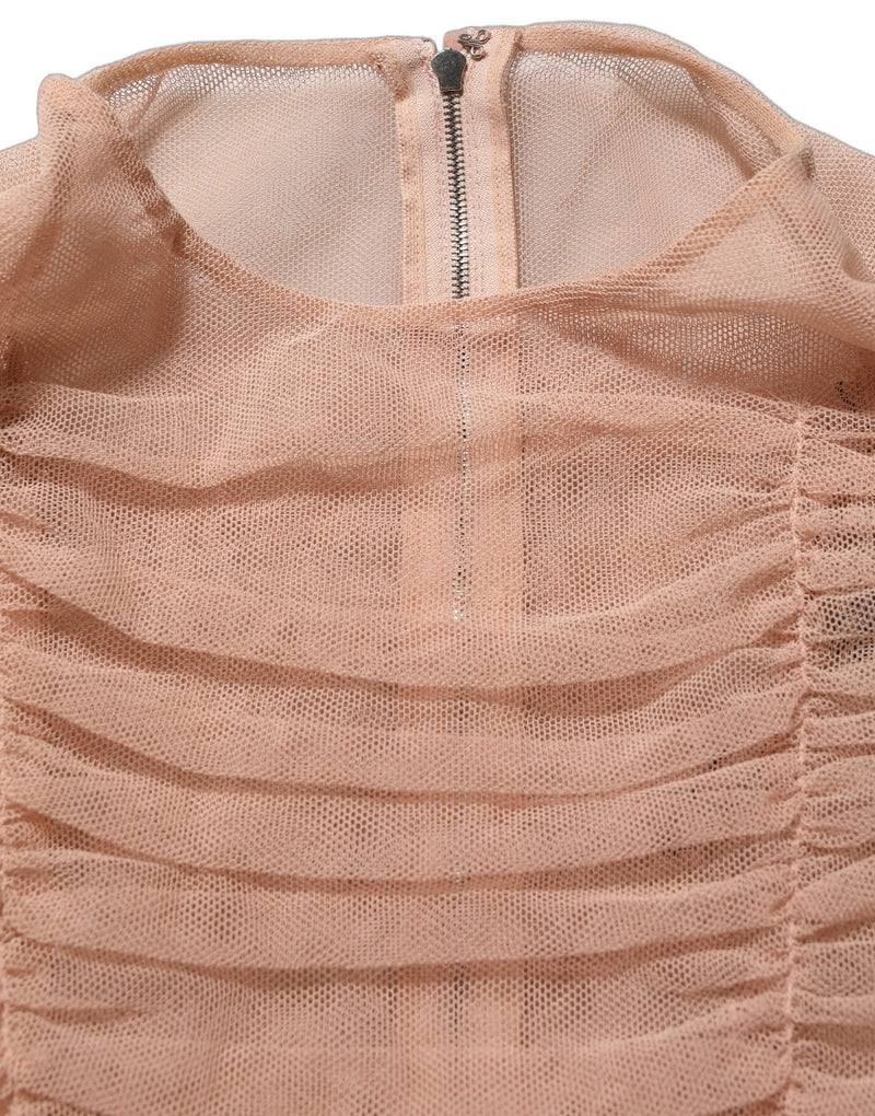 Dolce & Gabbana Beige Cotton Mesh Ruched Sheath Midi Dress