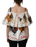 Dolce & Gabbana White Rooster Print Poplin Off The Shoulder Top
