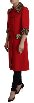 Dolce & Gabbana Red Leopard Wool Trenchcoat Jacket