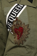 Dolce & Gabbana Military Green Queen Embellished Coat Jacket